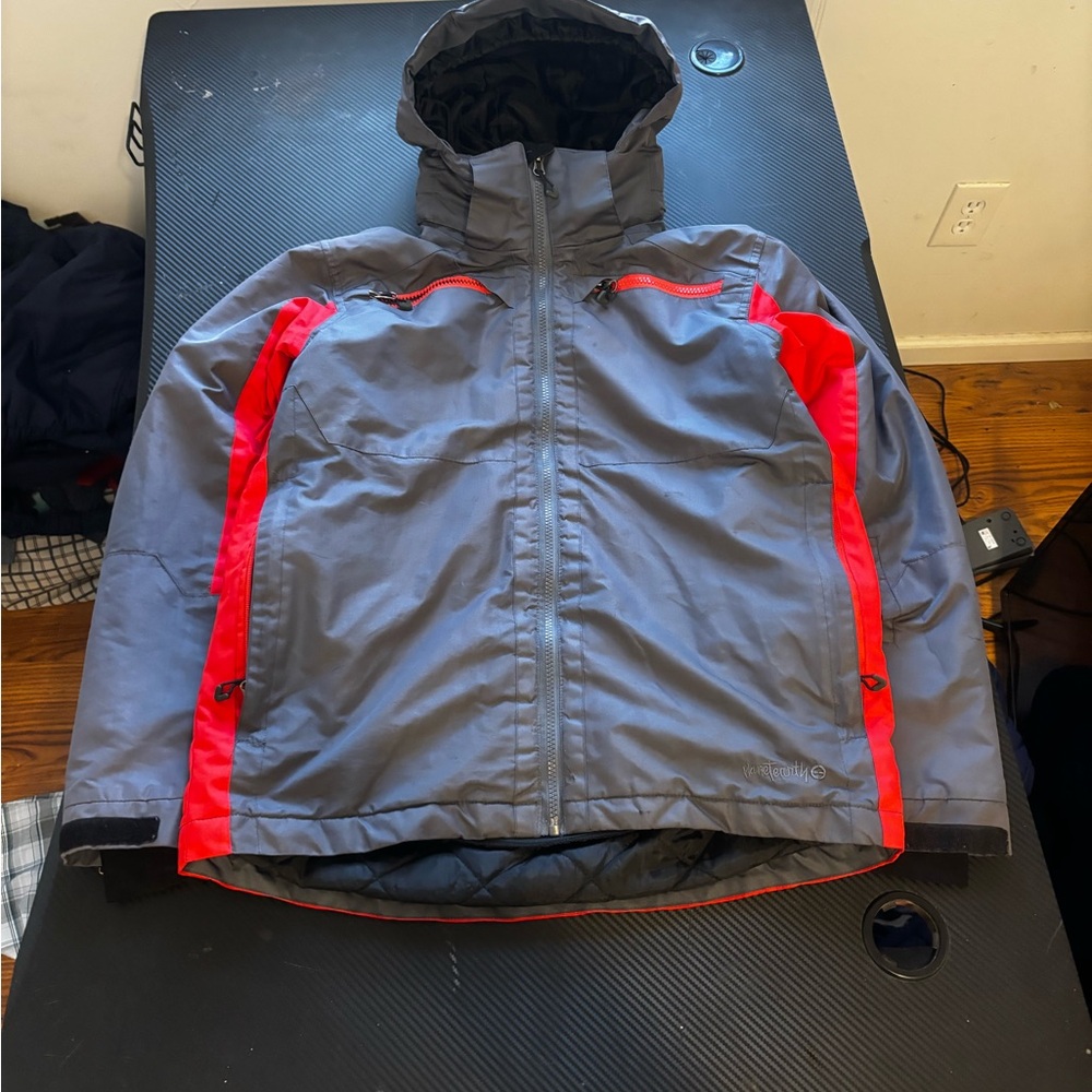 Youth L Gray and Red Planet Earth Snowboard Jacket MEASUREMENTS SHOWN
